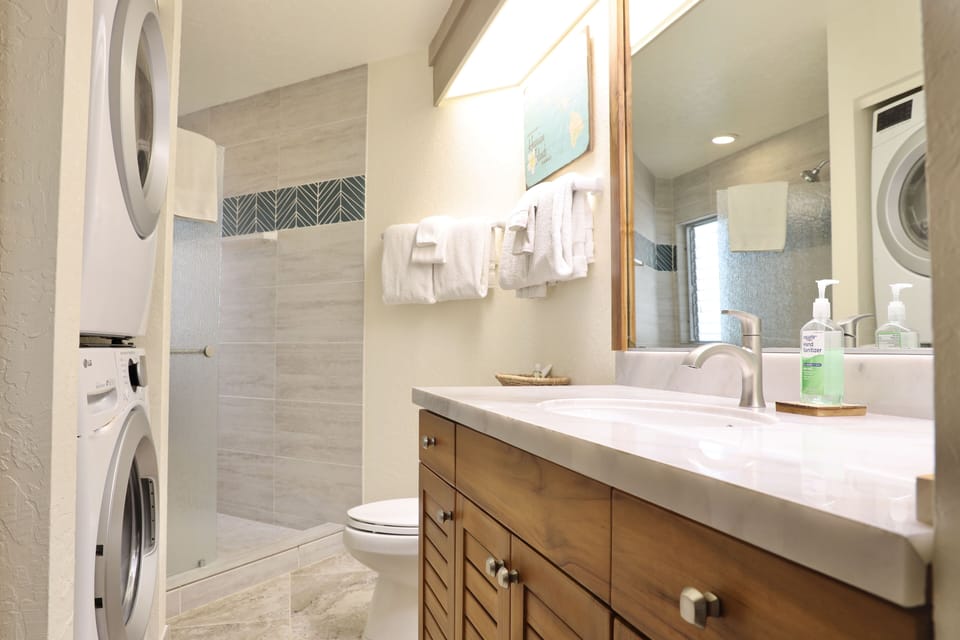 Master Bathroom. Stack washer in bathroom