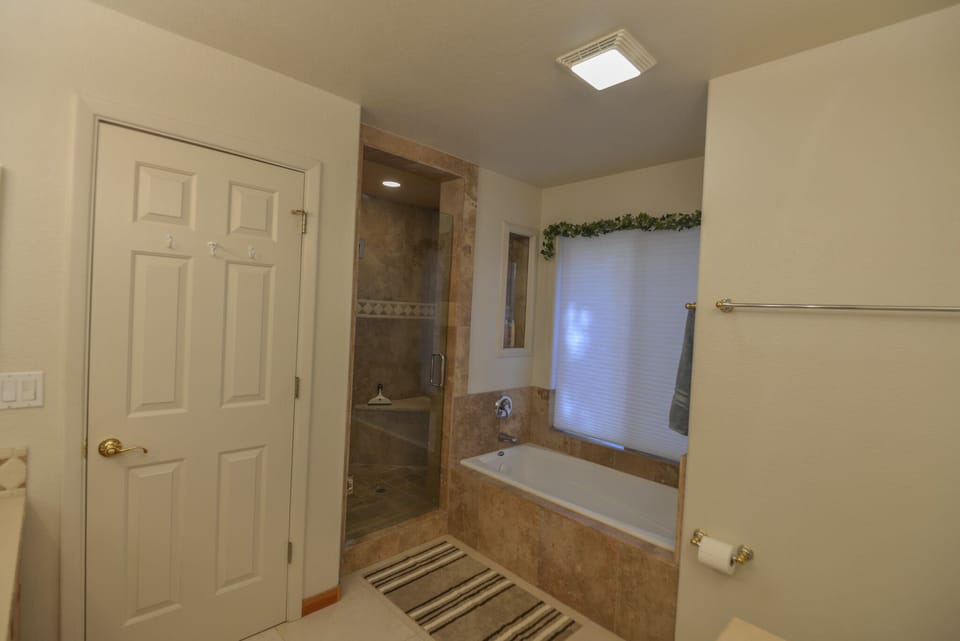 Primary en suite bathroom with double shower heads and step in tub
