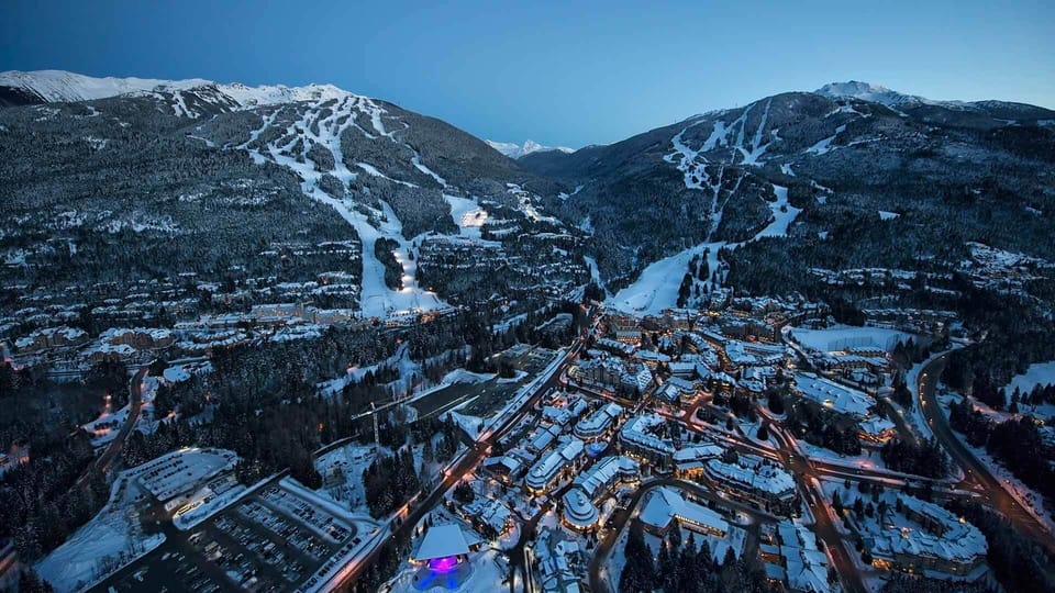 Ariel view of Whistler Village. The Carleton Lodge at the base of both mountains