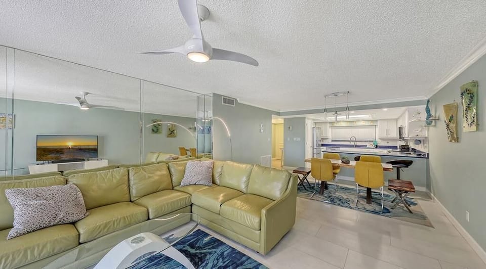 The living room couch doubles as a sleeper sofa