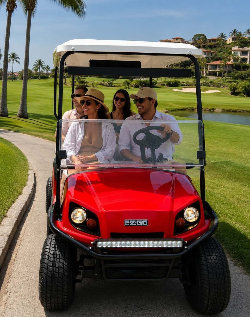 Cruise to beach clubs, restaurants, and golf courses in your included golf cart