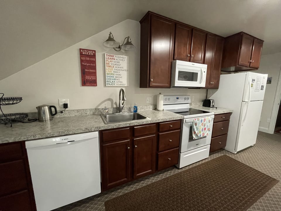 Full kitchen with stove, dishwasher, and fridge