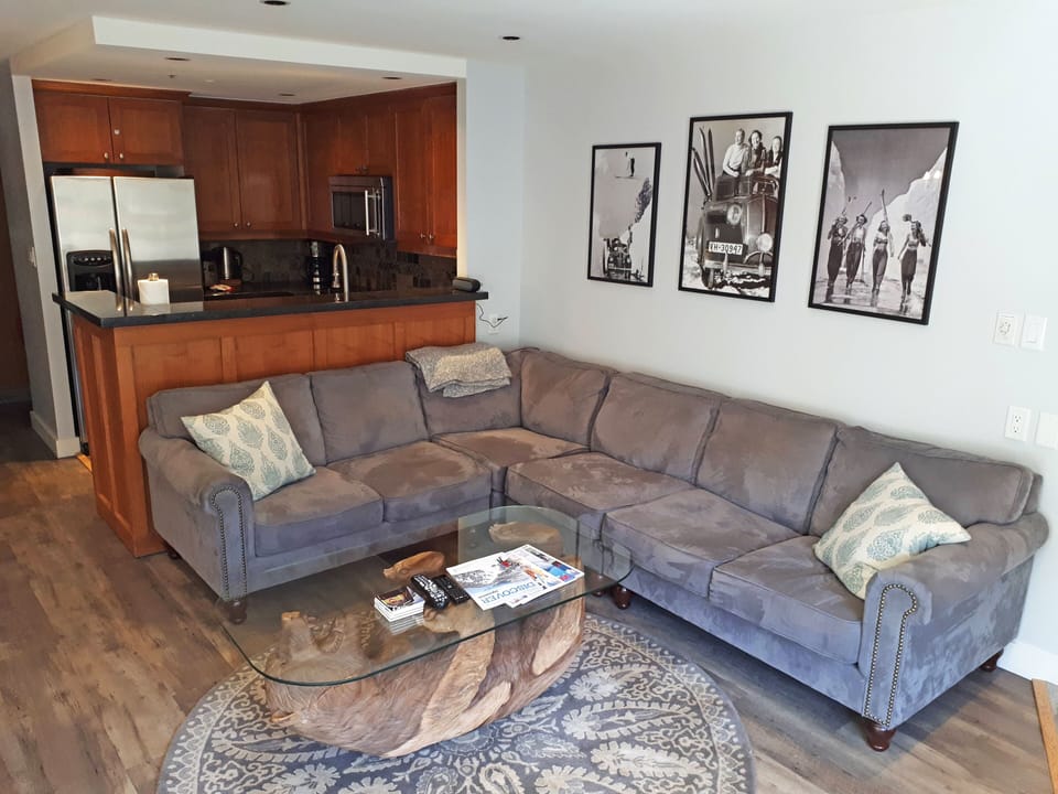Comfortable couches, throw blanket and pillows for lounging and watching TV.