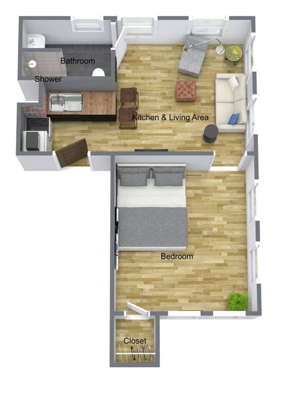 A basic rendering of the apartment *the furniture is not all there and not exactly the same* but it give you a basic overview of the layout.