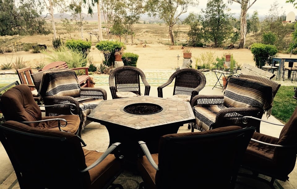 Fire Pit Table out on the patio with mountain views