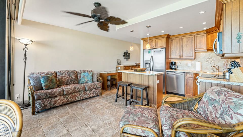 Living room with queen-sized sofa bed.