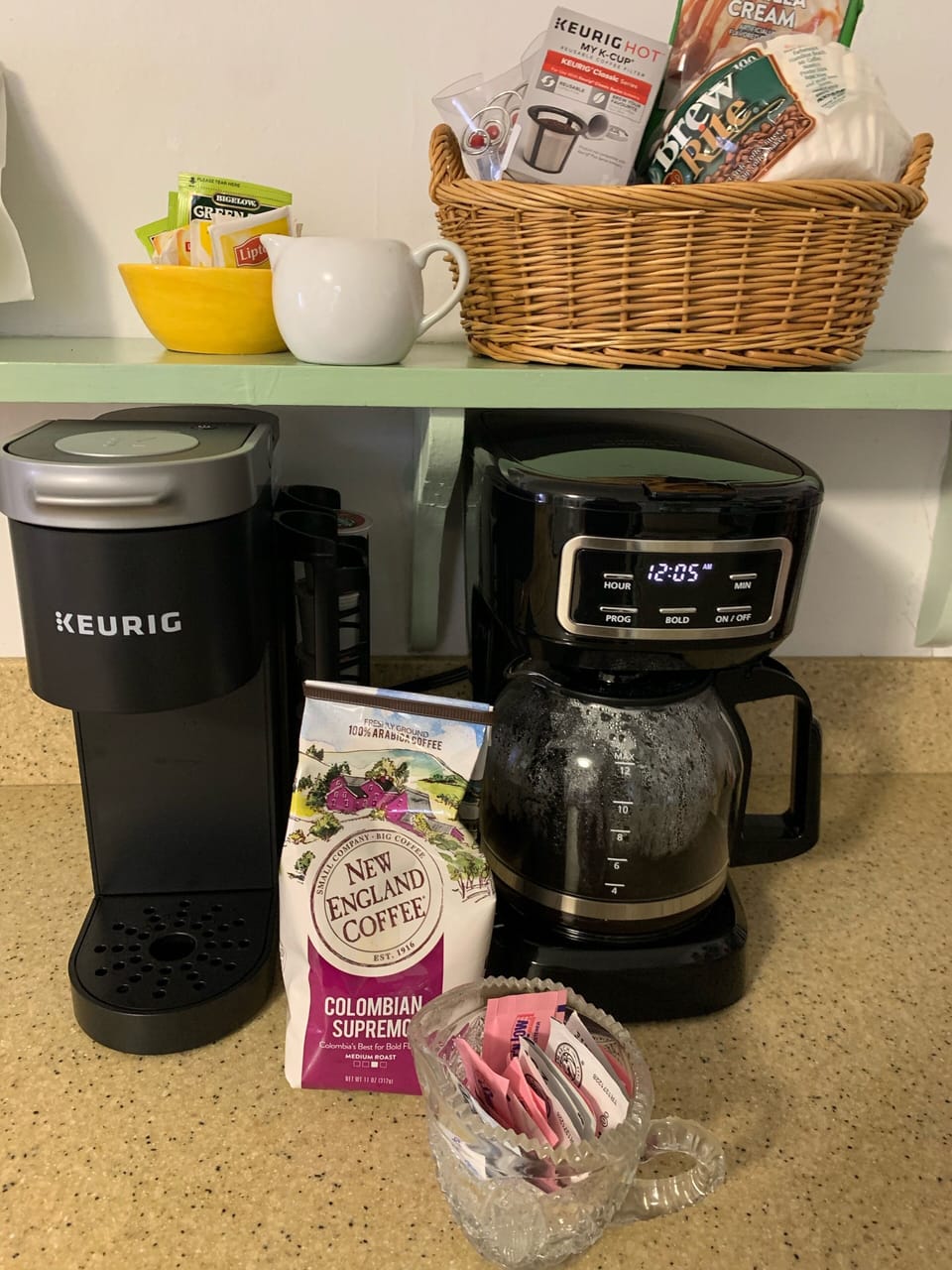 Coffee station with Keurig and 12 cup coffee maker to start your day right!