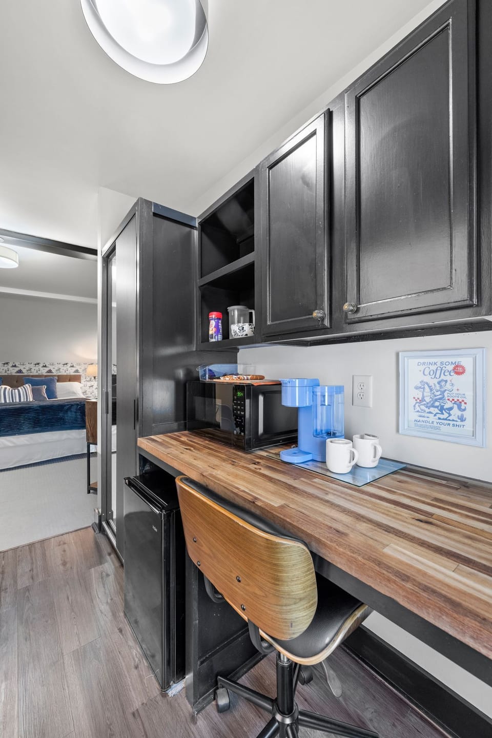 Keurig Coffee , Microwave, Refrigerator and Desk Area for Working.