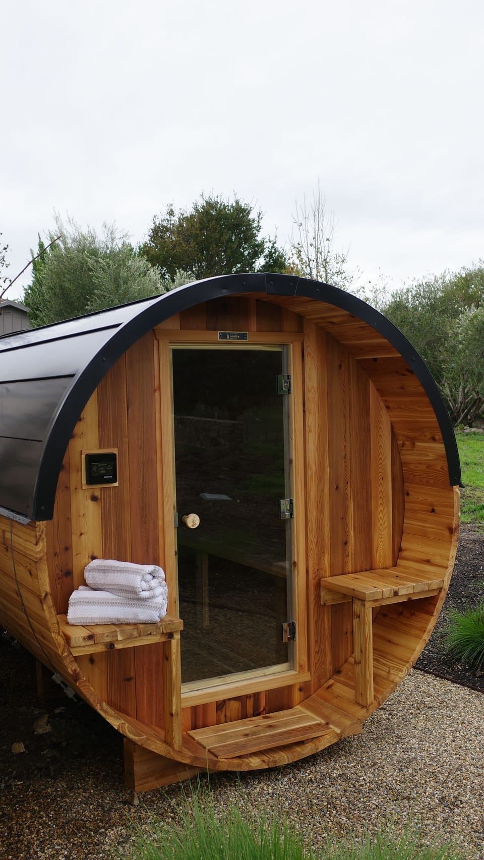8 person western cedar sauna located on the pool terrace