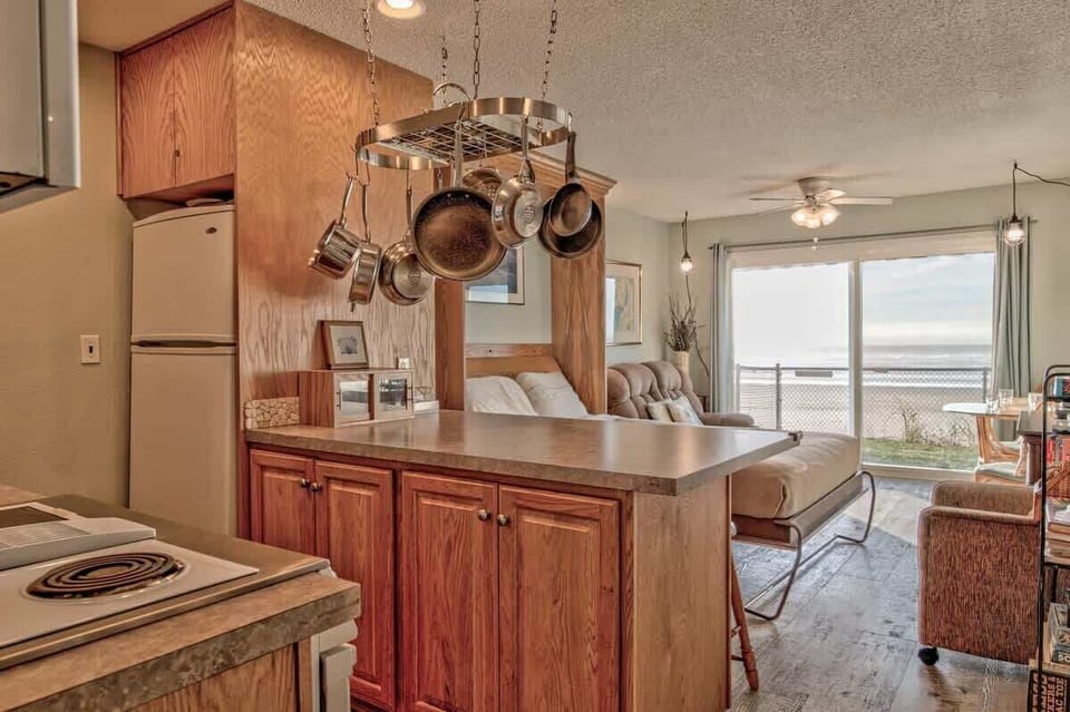 Kitchen view (with bed pulled out in background)