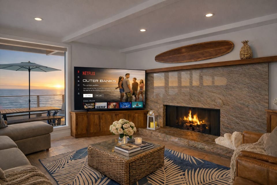 Cozy evenings by the fire with ocean views just beyond—perfect for relaxing