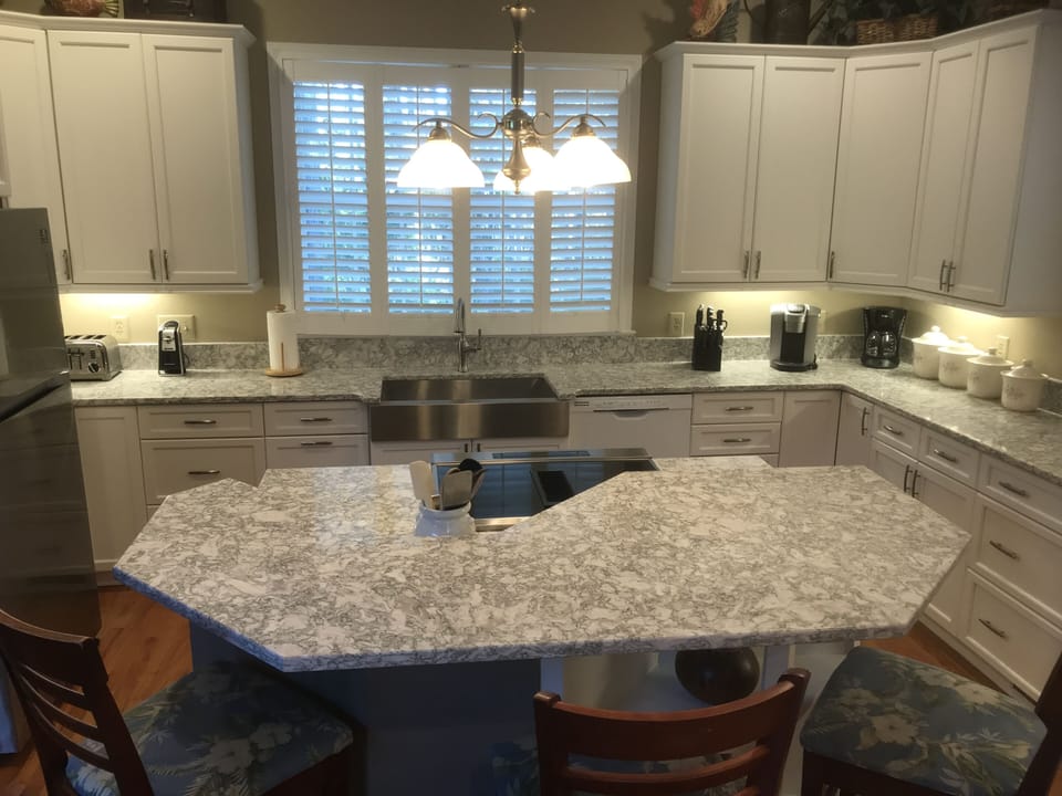 Newly renovated kitchen in January 2020 with large farm style sink.