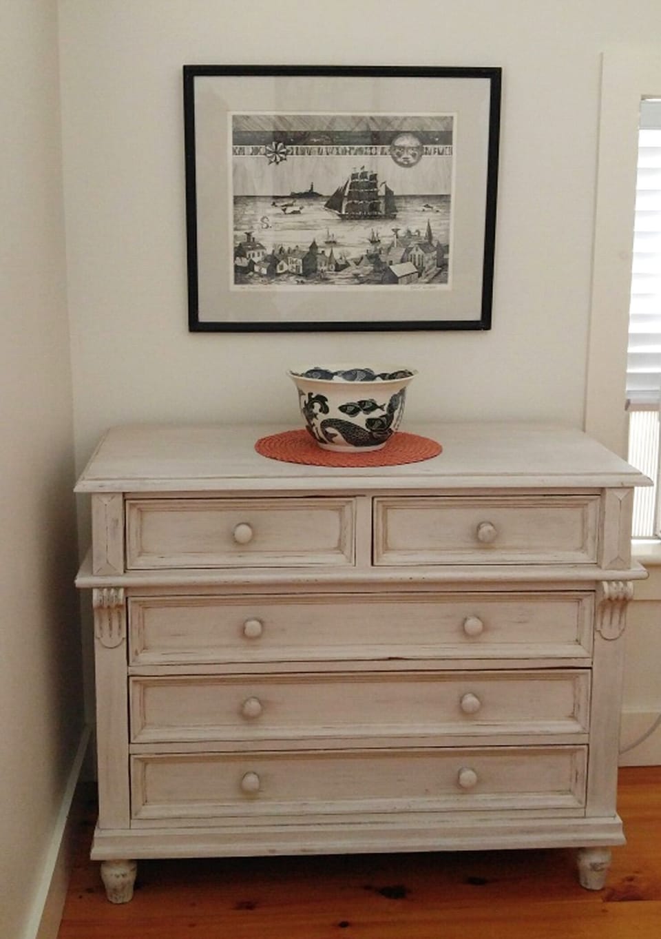 Dresser in Bedroom with Nantucket artist, John Lochtefeld etching above.