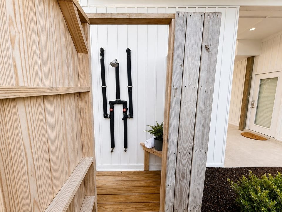 Outdoor shower to rinse off after a day at the beach or on the boat.
