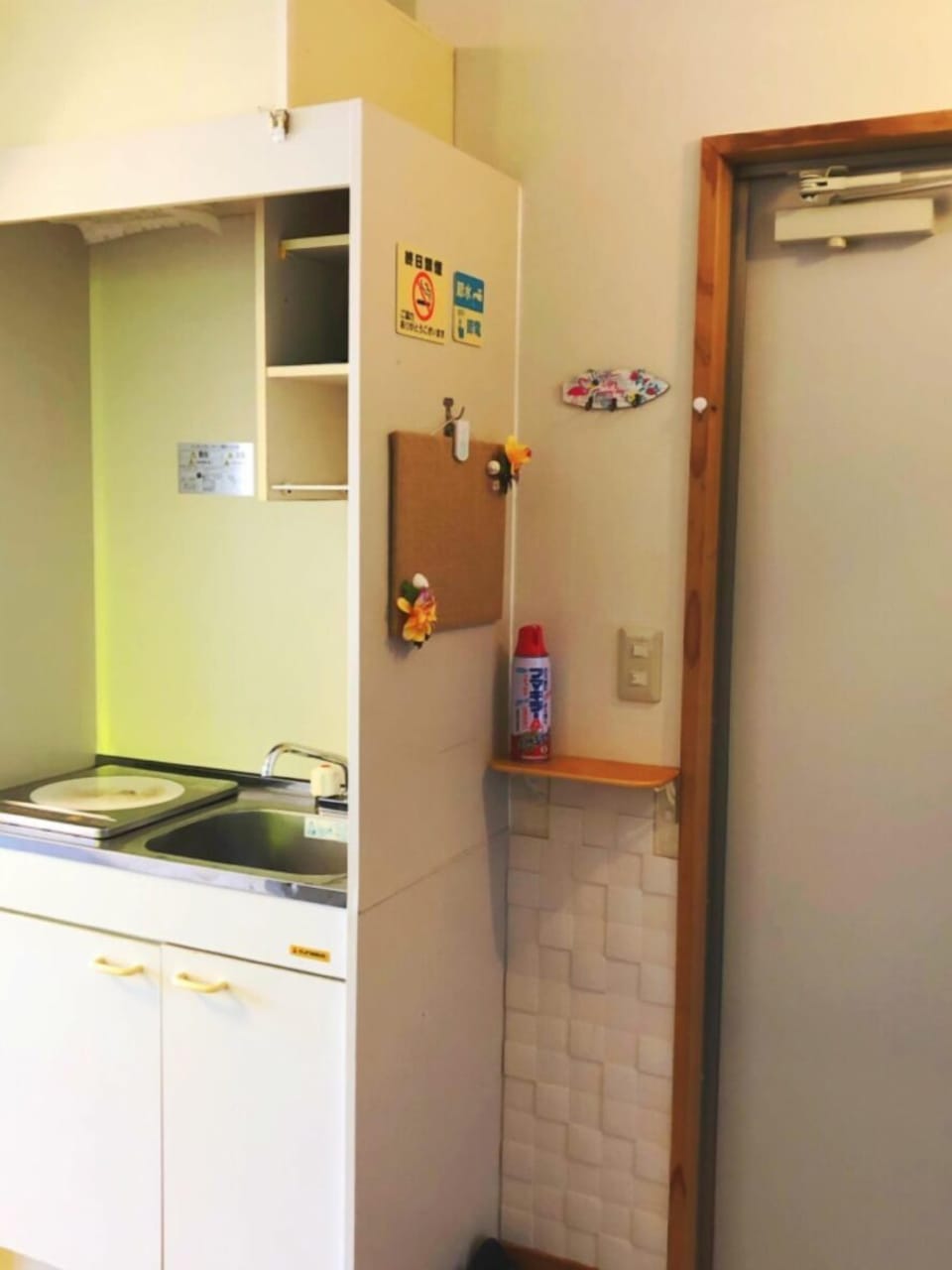 Mini-fridge, microwave, stovetop, rice cooker