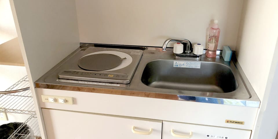 Mini-fridge, microwave, stovetop, rice cooker