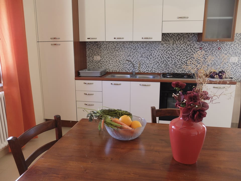 Full-size fridge, oven, stovetop, electric kettle