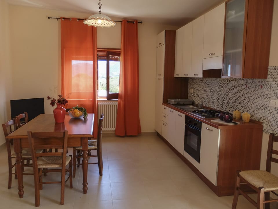Full-size fridge, oven, stovetop, electric kettle