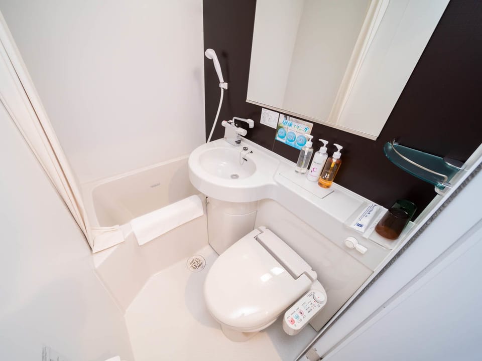 Combined shower/tub, deep soaking tub, free toiletries, hair dryer