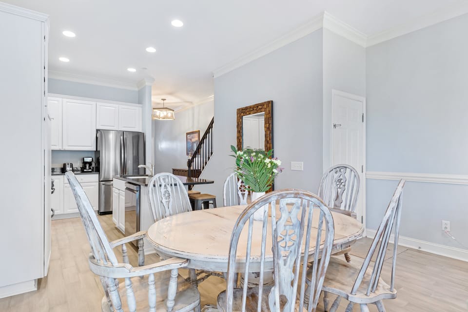 Open dining and kitchen area view from living room