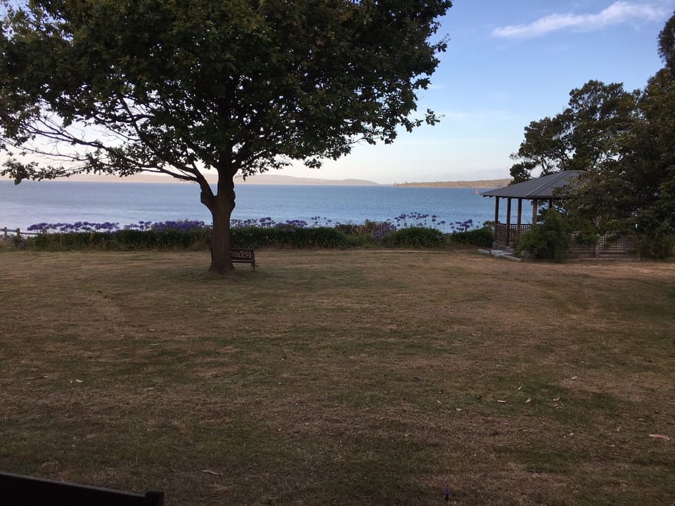 View from the verandah. That's "The Neck" of Bruny Island in the distance. 