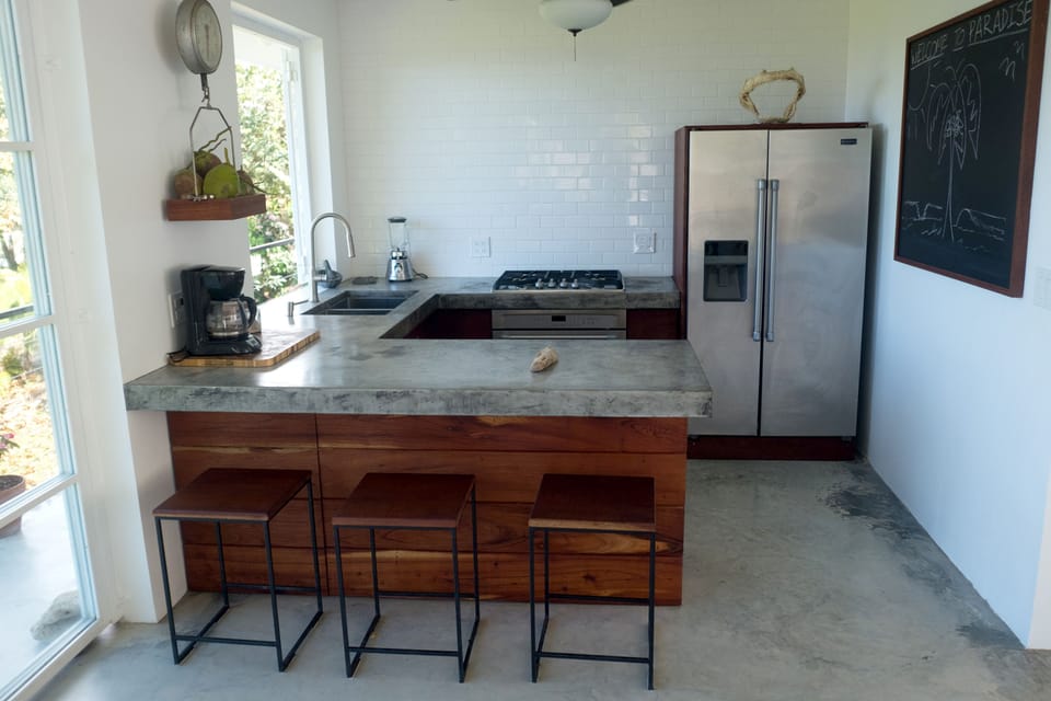 Custom built concrete & cedar kitchen and bar with state of the art appliances.