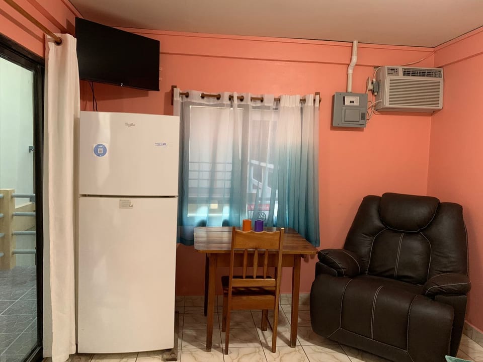 Full size fridge, smart TV, AC, recliner, table
