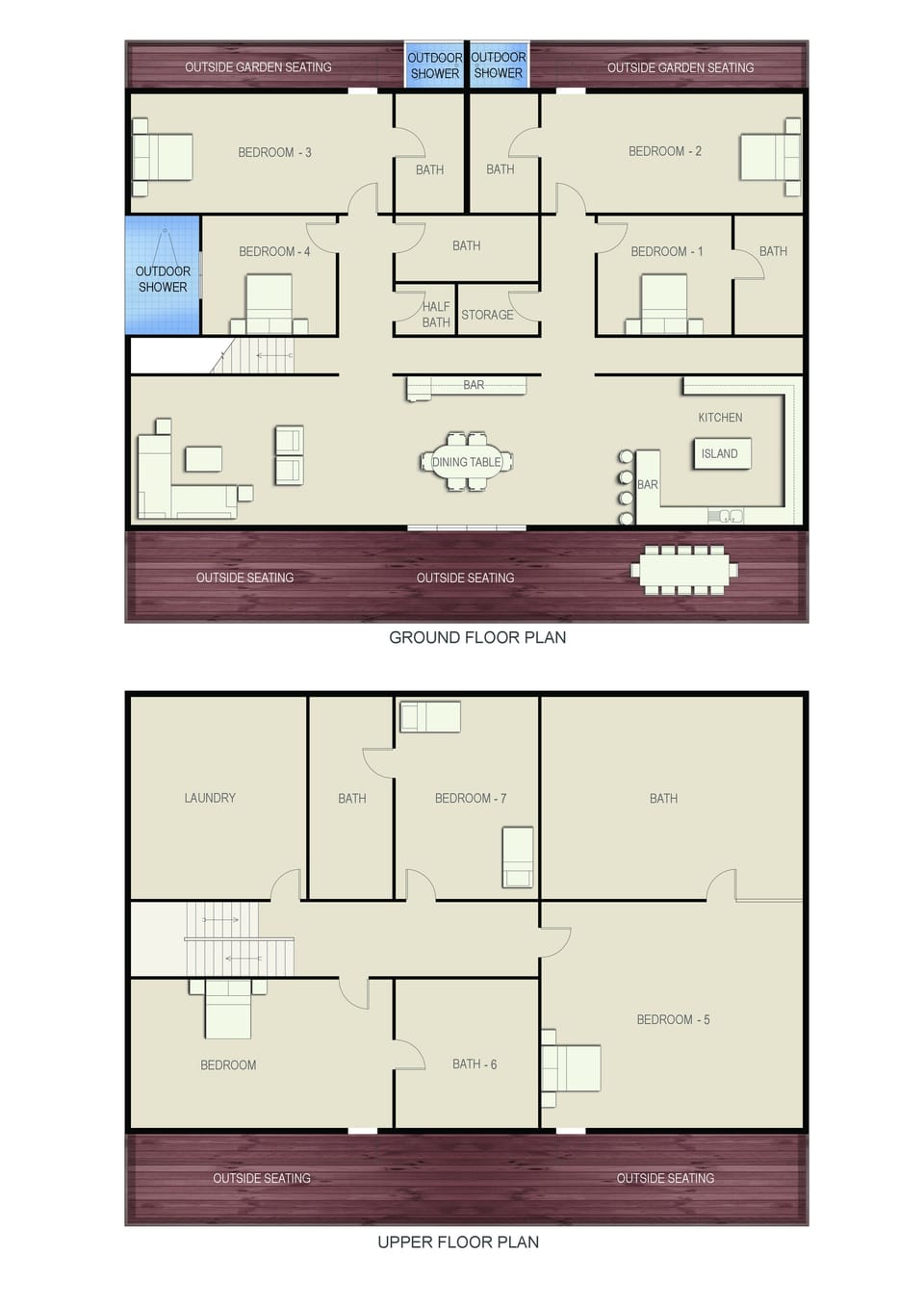 BR layout for 7 BR in main house only. 8th & 9th BR location shown on site plan.
