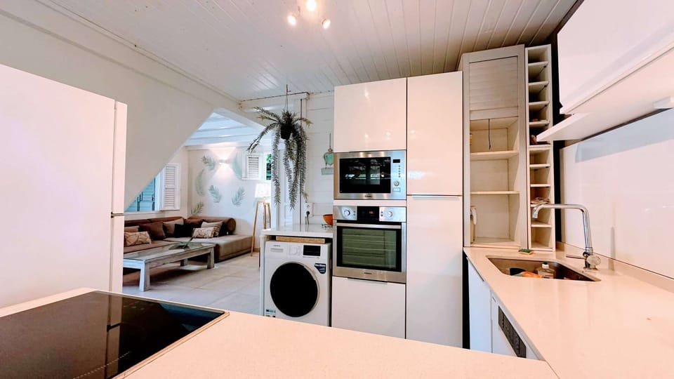 Fully-equipped kitchen with oven, microwave, dishwasher, washing machine, open to living room