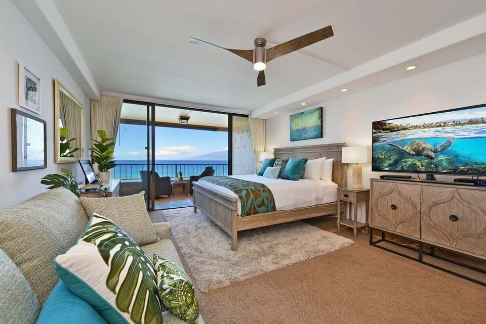 A bright Studio with soft coastal hues, elegant patterns, and plenty of space to unwind.