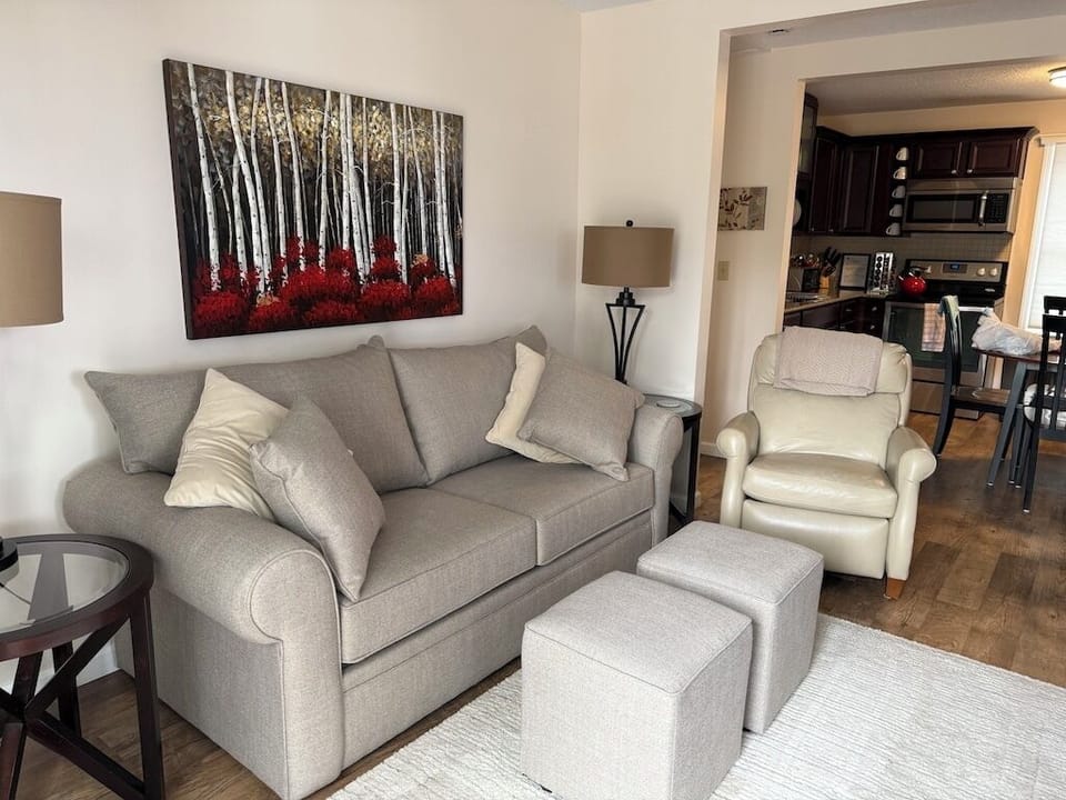 Living area, sofa bed and leather recliner

