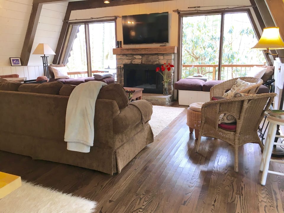 Couch folds out to queen bed in front of fireplace