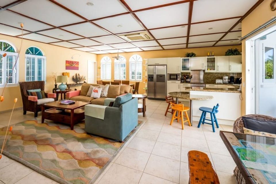 Living area and open plan kitchen