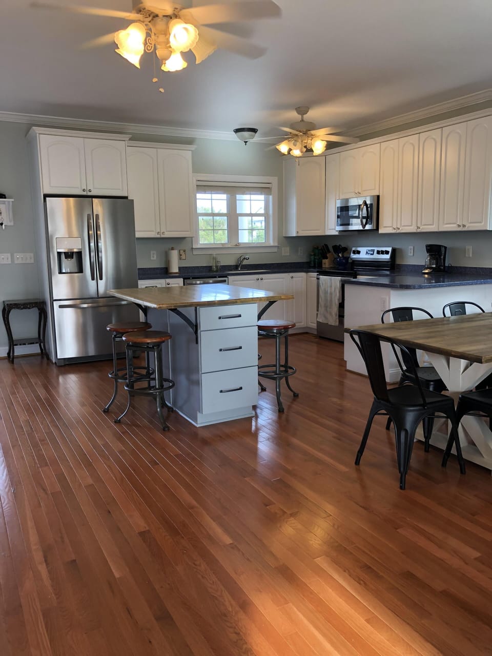 View into the kitchen and dining