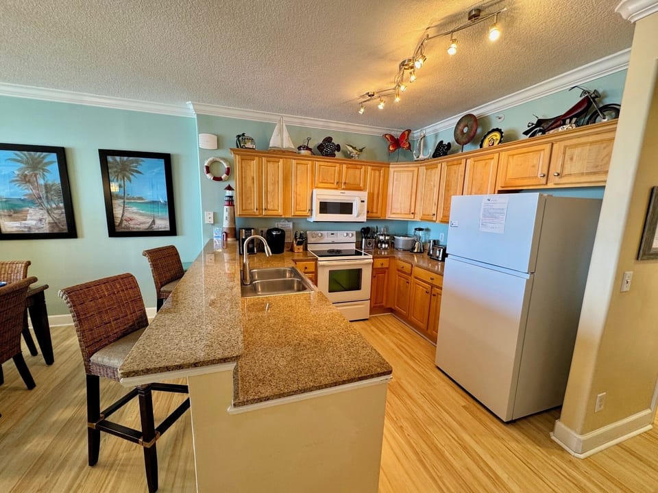 Your kitchen is completely outfitted with most everything one could want.