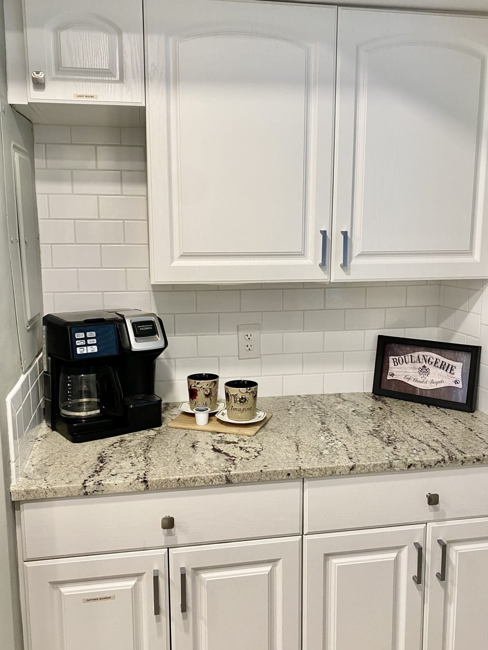 Coffee and tea bar, plenty of cabinet space