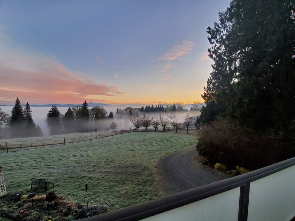 Sunrise over the foggy river valley