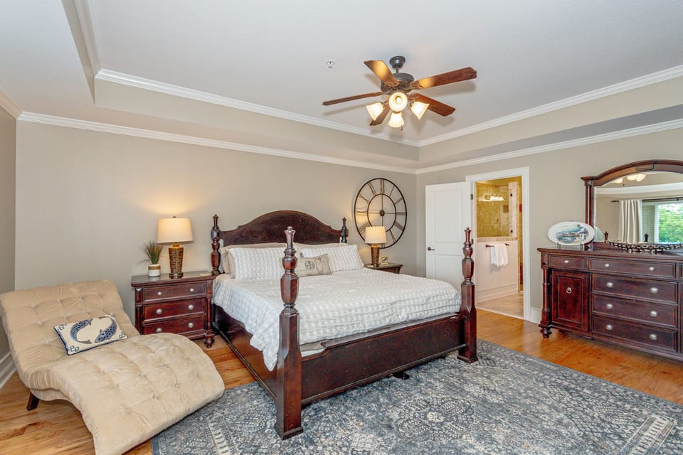 Primary suite is very large. Quality bedding.  Private access to the balcony.