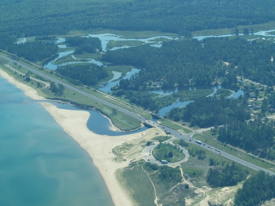 Aerial view of beautiful Au Train River & Lake Superior.