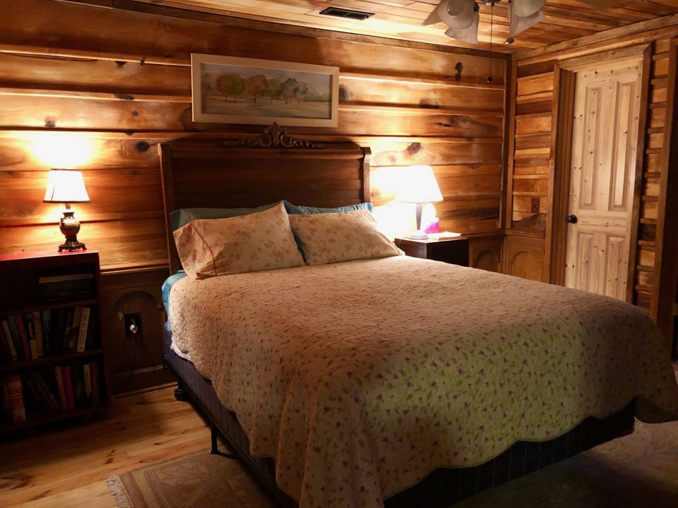 A quiet restful bedroom downstairs with a queen bed. Nightlight provided.