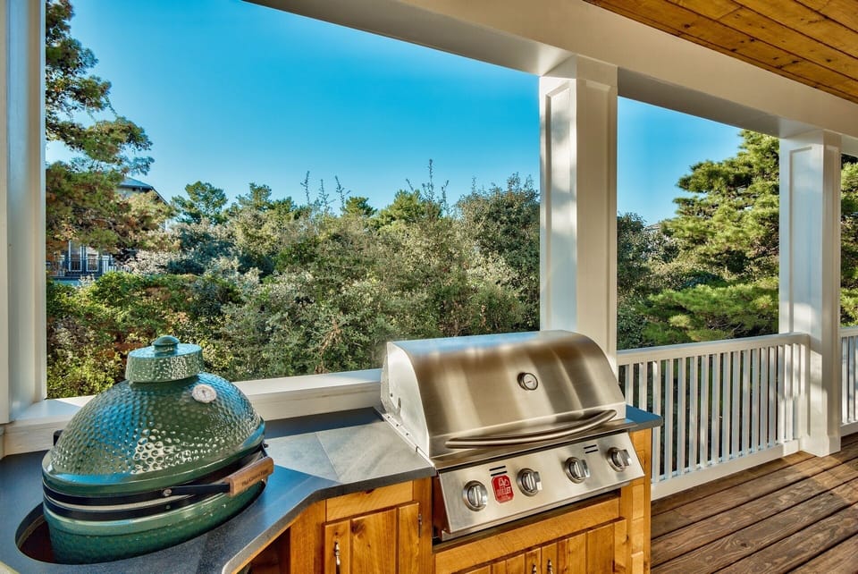 Picture #1 of 2nd floor deck off Great Room.  Big Green Egg & Gas Grill.