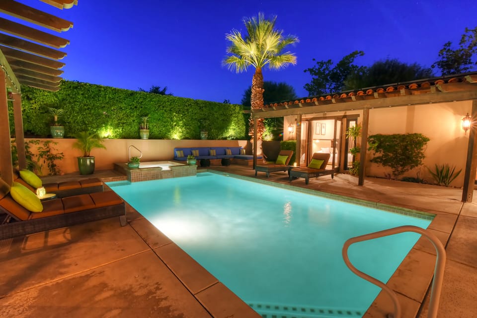 Landscaping lights keeps the outdoor fun going after dark at "El Camino Relaxo"