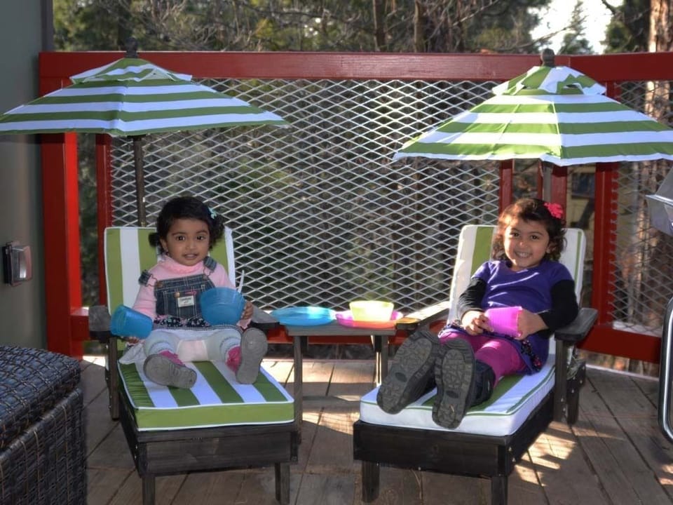 Perfect for children, the deck is complete with child-size loungers and barbecue