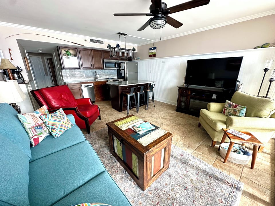 Open living space to enjoy a 55” smart TV and fireplace