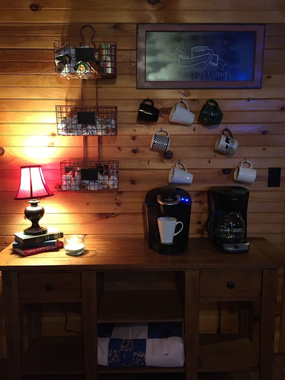 Coffee bar, complete with Keurig, standard coffee maker, and assorted coffees. 