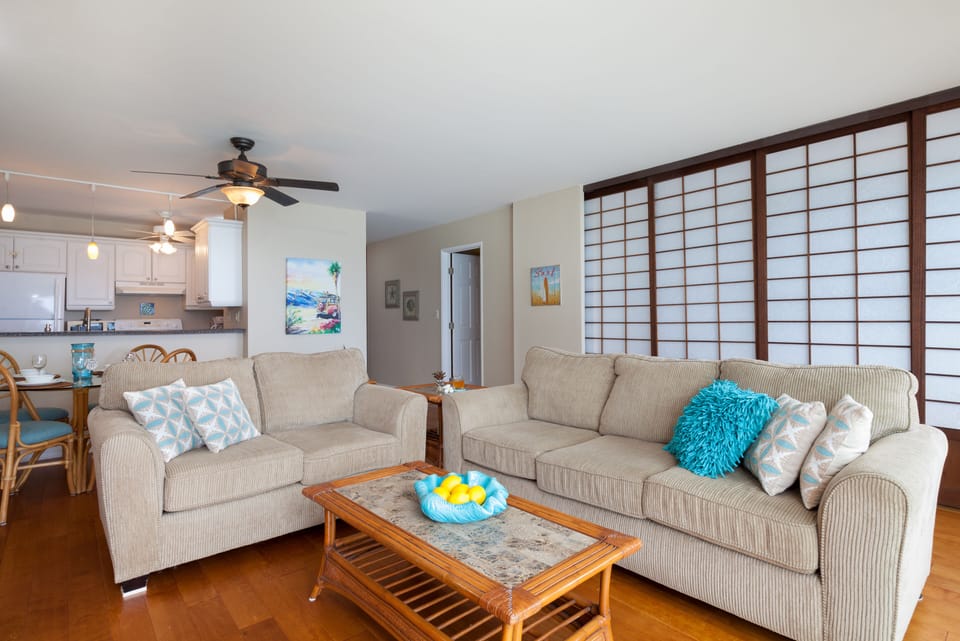 Sliding doors between living room and master bedroom.