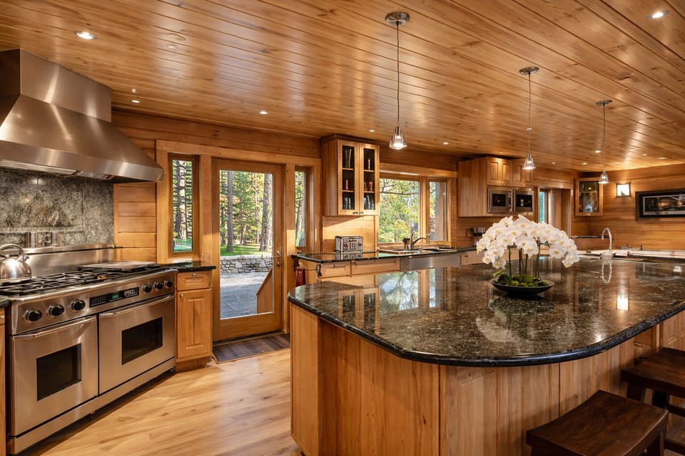 Bright, open kitchen with large island and indoor-outdoor flow.