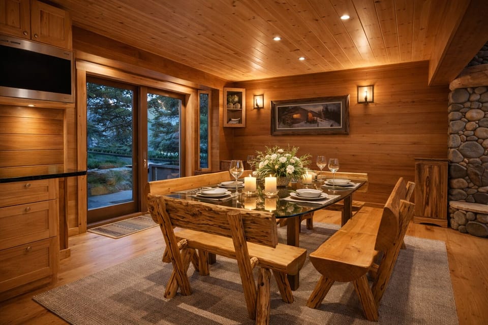Dining area set for gathering with rustic wood table and ambient lighting.