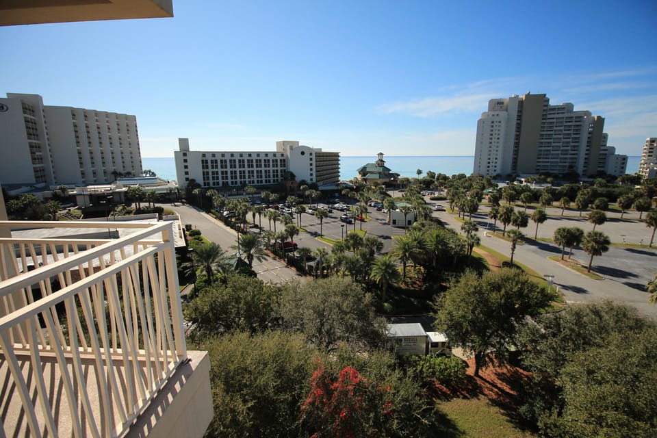 Look down on the pool from the balcony