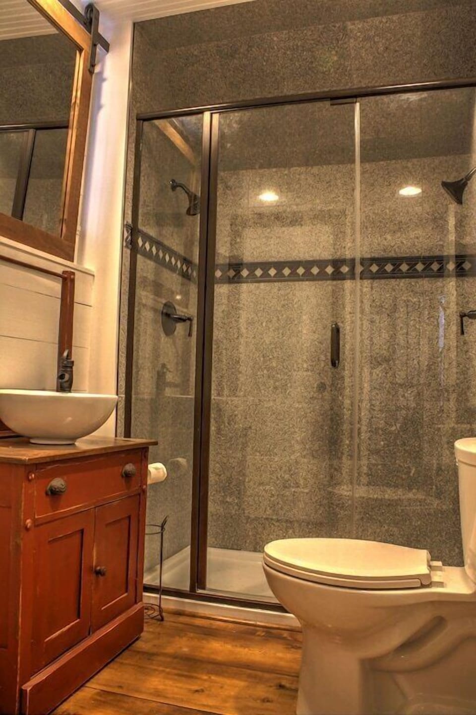Large walk-in shower with dual shower heads
